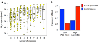 The immunome tracks well with the number of chronic diseases (A) and exceptional longevity (B).