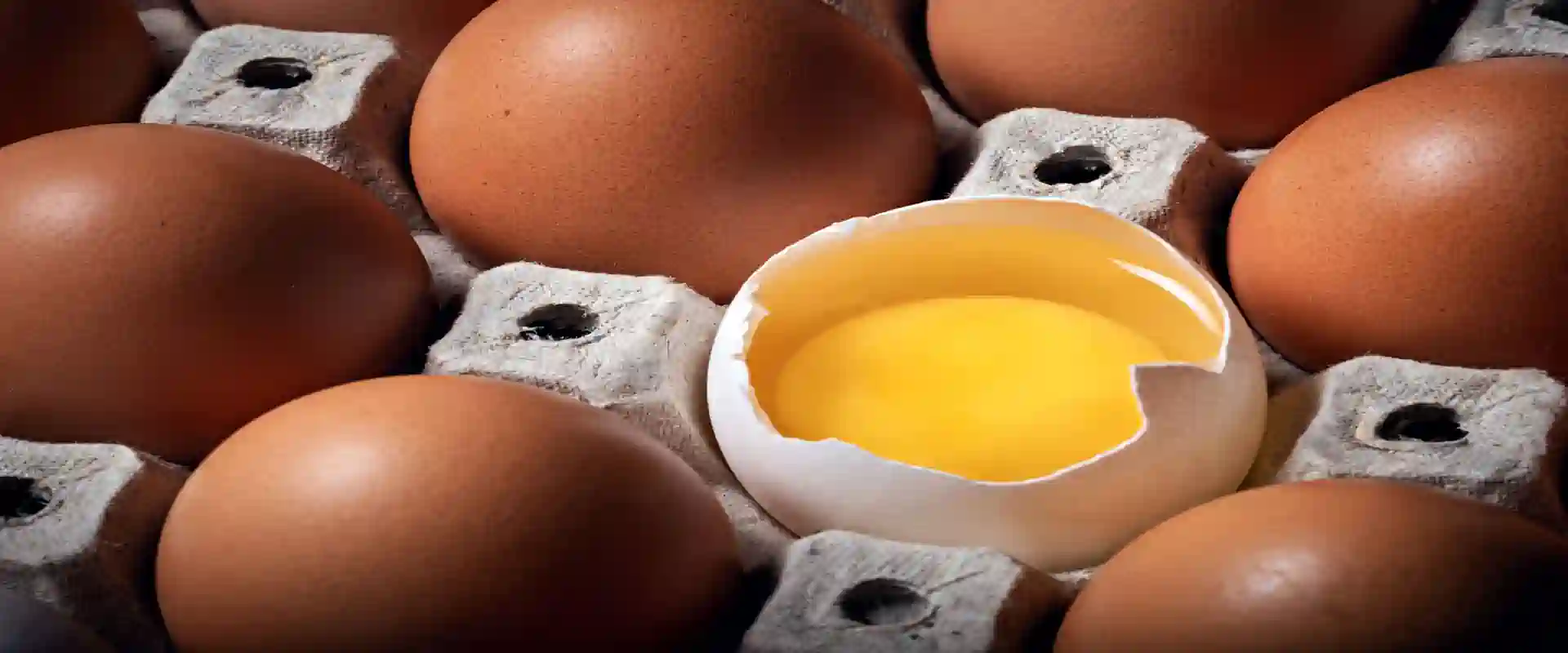 Brown eggs in a carton with one cracked open to show the yolk, illustrating dietary cholesterol and the cholesterol paradox