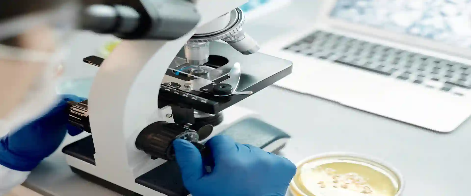 Scientist in gloves examining a sample under a microscope beside a laptop in a cancer research laboratory